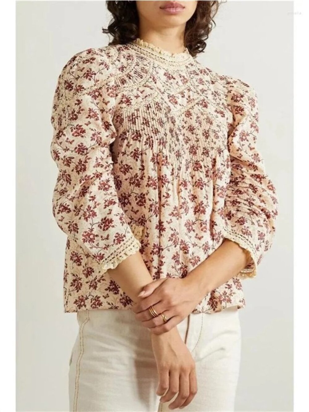 DOEN Annette Floral Blouse Top S Organic Cotton Crochet Lace Pintuck Ruffle